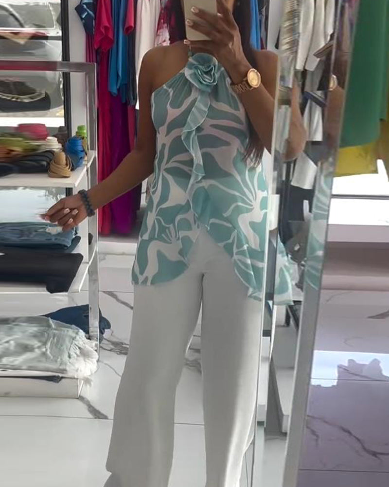 3D Rose Sleeveless Halter Neck Top