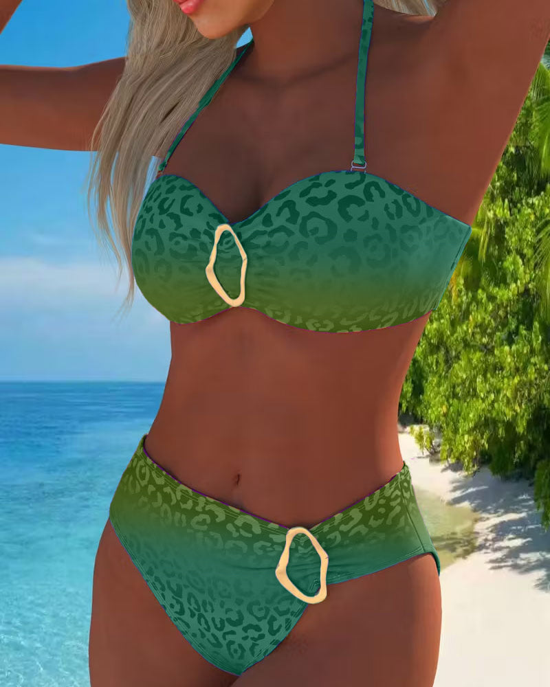Halter-Neck Leopard Print Gradient Swimsuit