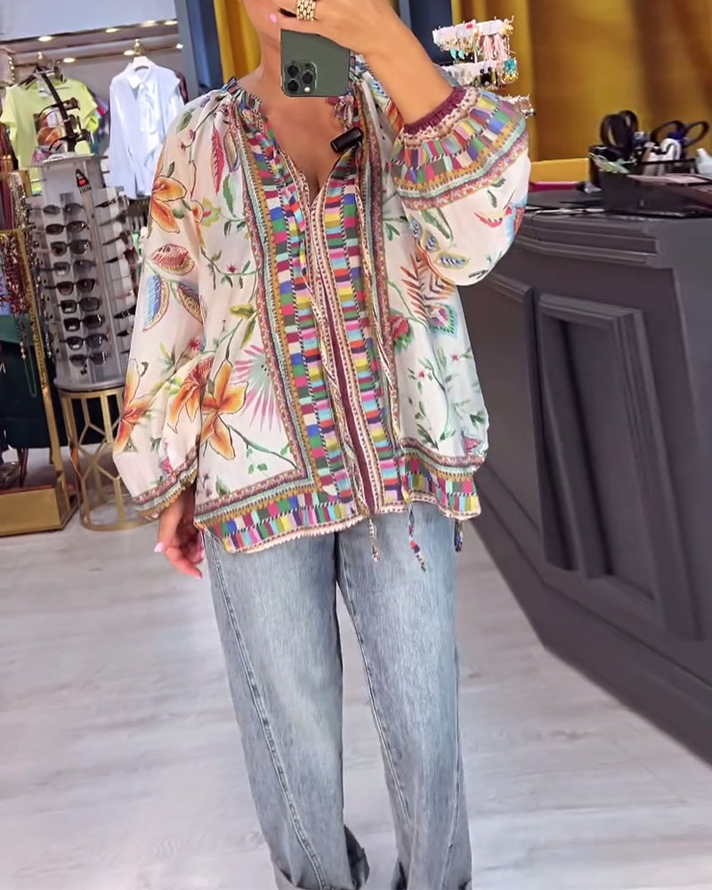 Sexy V-Neck Fashion Print Blouse