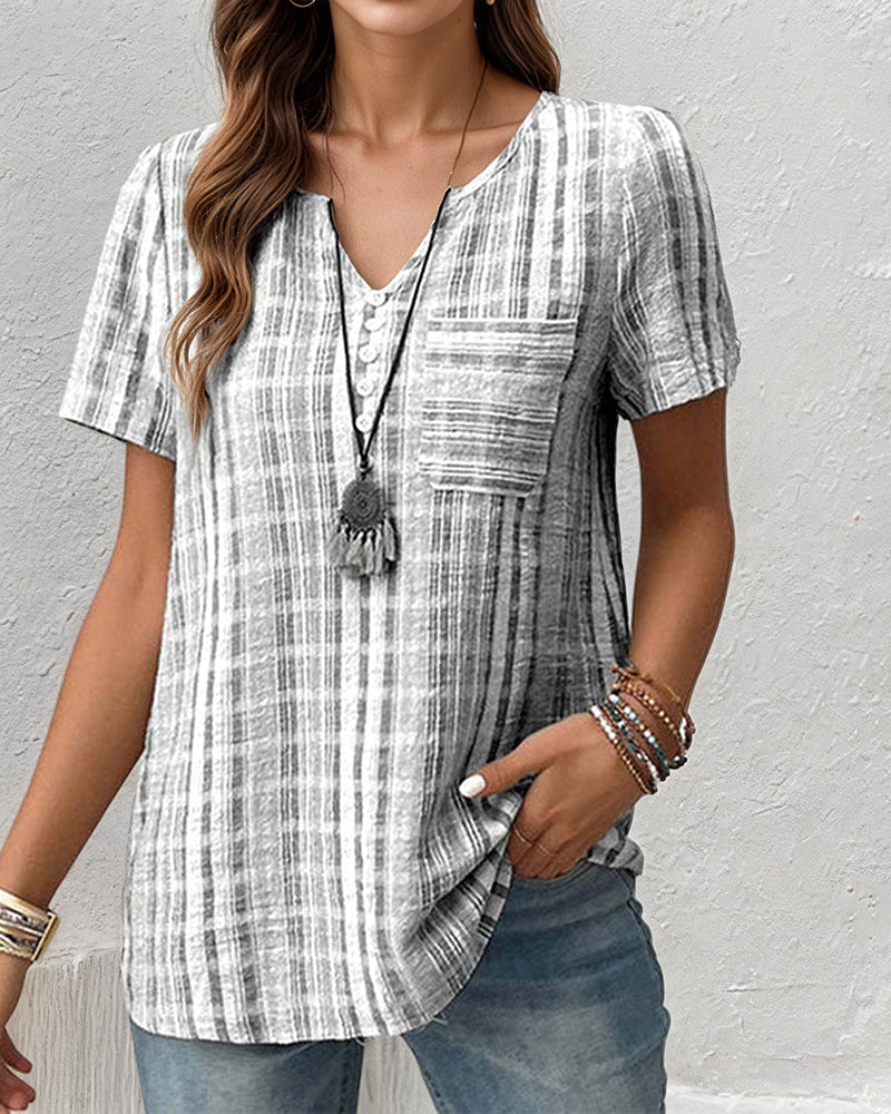 Casual V Neck Striped Plaid T-Shirt