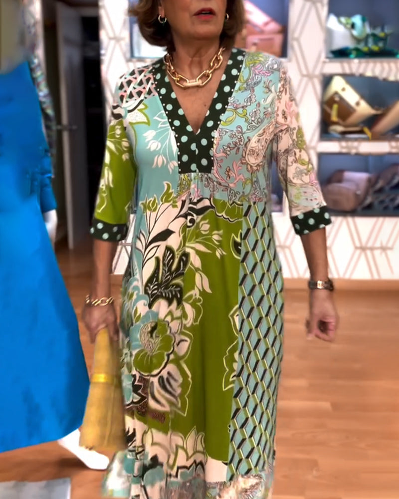 V-neck Printed Slit Dress