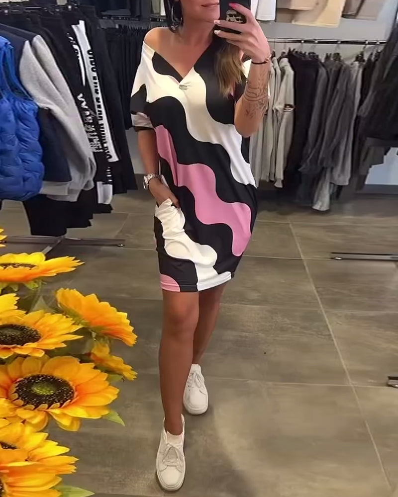 V-Neck Wave Print Dress