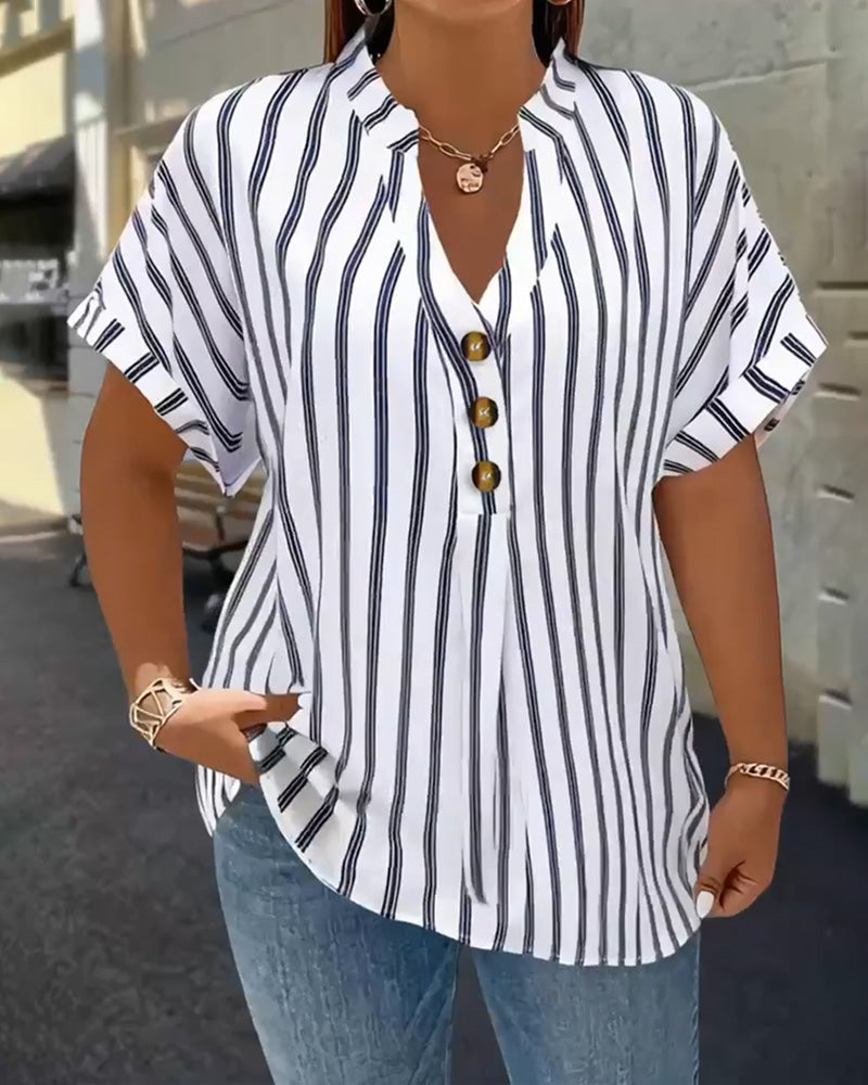 Button-Down V-Neck Striped Blouse
