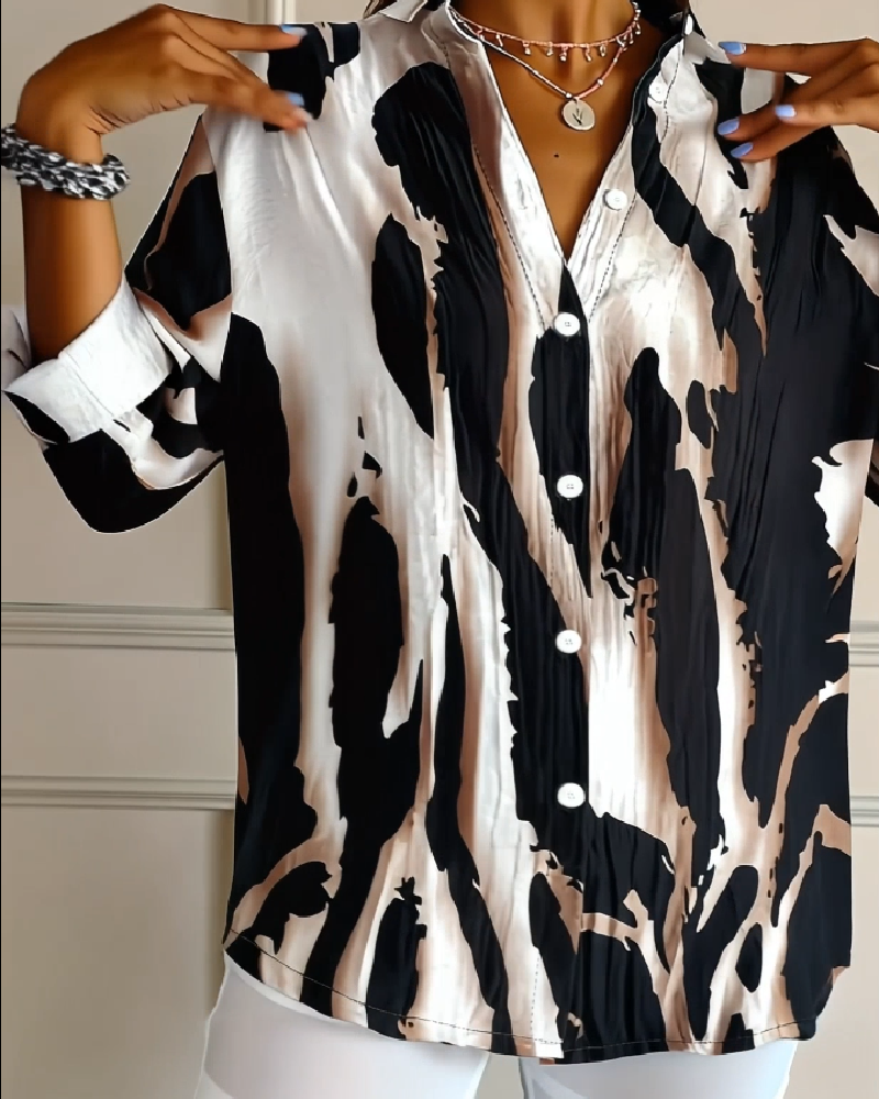 Stand Collar Irregular Printed Blouse