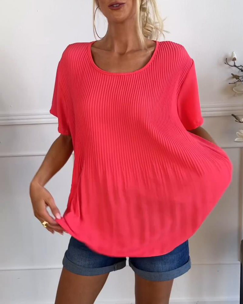 Solid color round neck pleated blouse