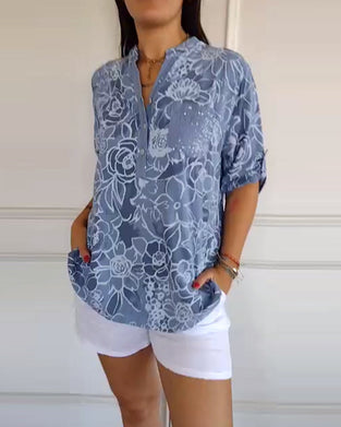 V-Neck Button-Down Printed Blouse