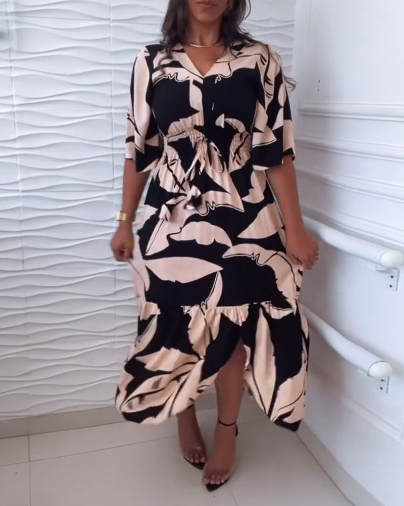 V-neck three-quarter sleeve drawstring elegant dress