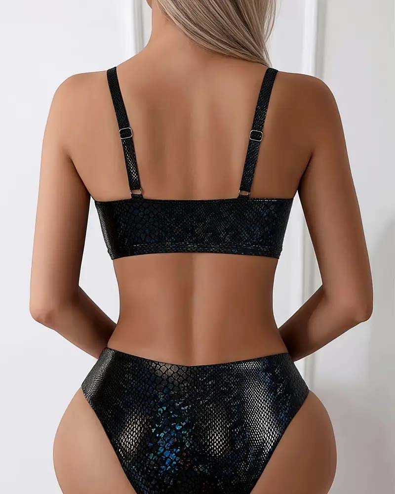 Sexy Snake Print Mid Waist  Lace-Up Bikini