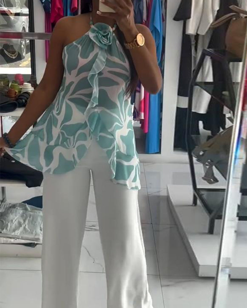 3D Rose Sleeveless Halter Neck Top