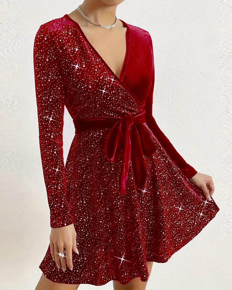 Deep V Velvet Hot Drilling Dress