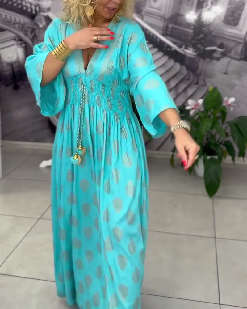 Loose Holiday Print Waist Maxi Dress