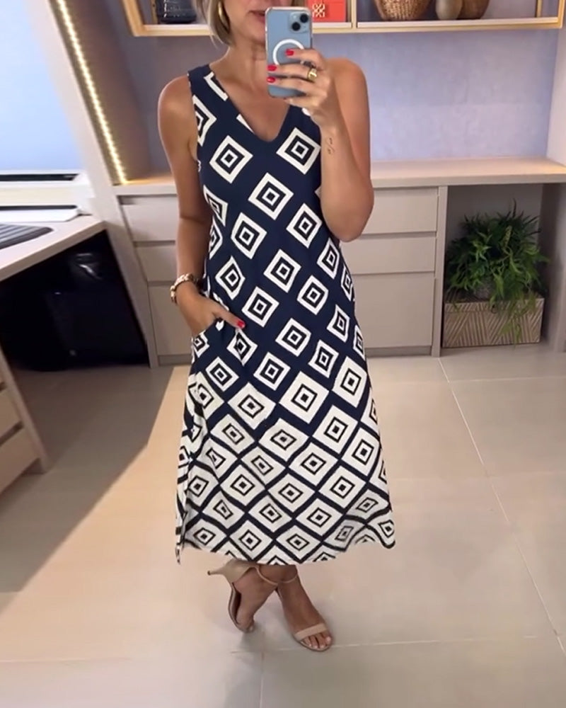 V-Neck Diamond Print Sleeveless Dress