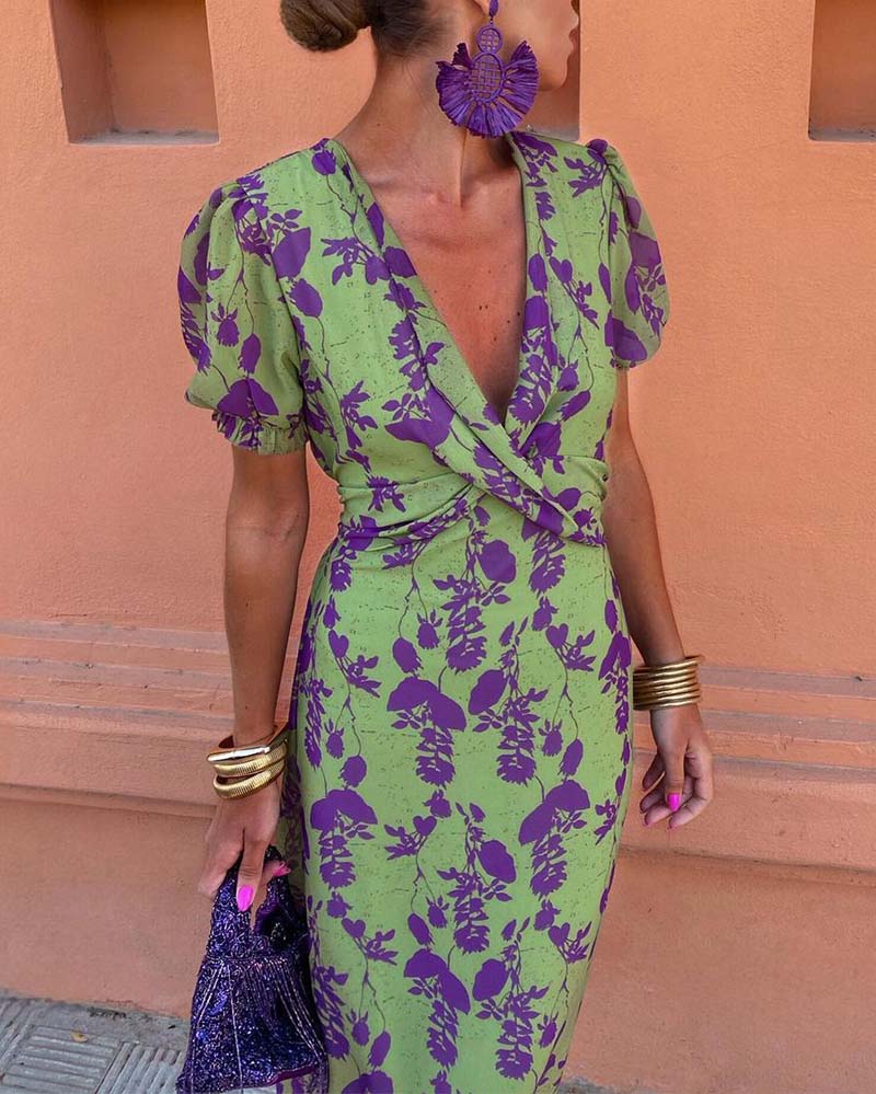 Puff Sleeve Leaf Print Deep V Short Sleeve Dress