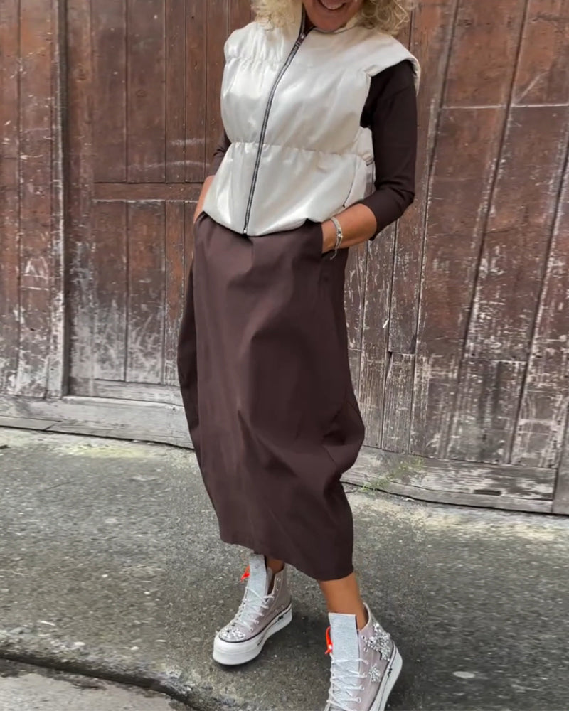 Simple solid color pocket long sleeve elegant dress