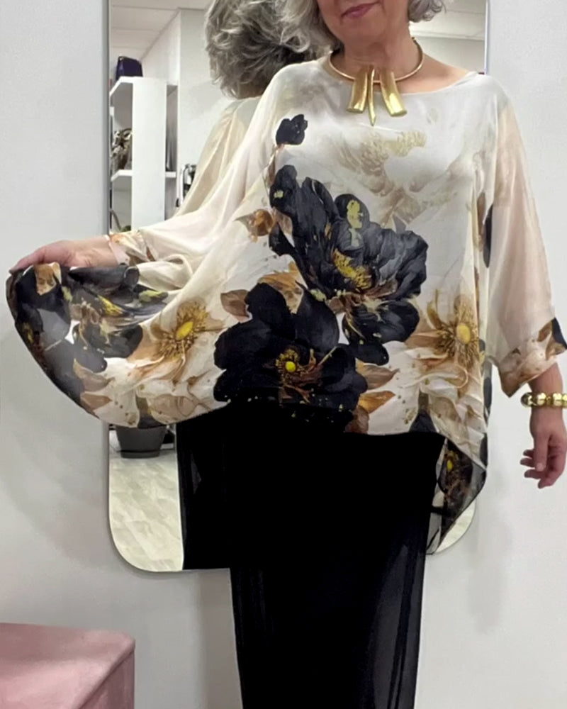 Long-Sleeved Irregular Large Flower Print Blouse